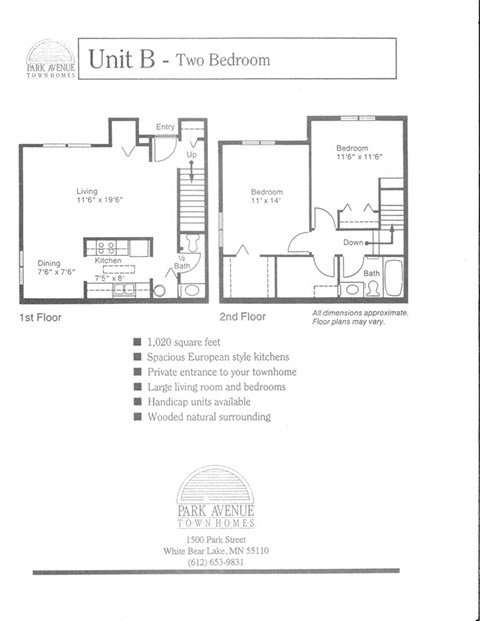 Floor plan for 2 beds, 1 bath, 1020 sqft